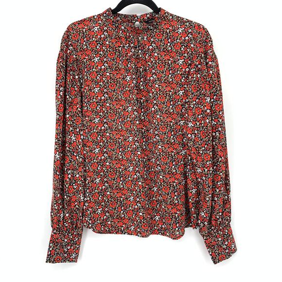 Banana Republic Long Sleeve High Neck Blouse Womens Size M Tall Red Floral Print - Picture 1 of 7